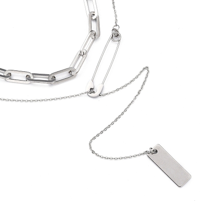 304 Stainless Steel Lariat Necklaces & Chain Necklaces Sets, with Paperclip Chains, Rectangle with Safety Pin