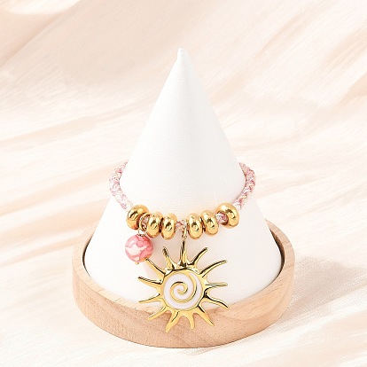 304 Браслеты с подвесками из нержавеющей стали и синтетических радужных камней, плетеные браслеты из полиэфирной веревки для женщин, солнце, с эмалью, реальный 18 k позолоченный, ионное покрытие (ip)