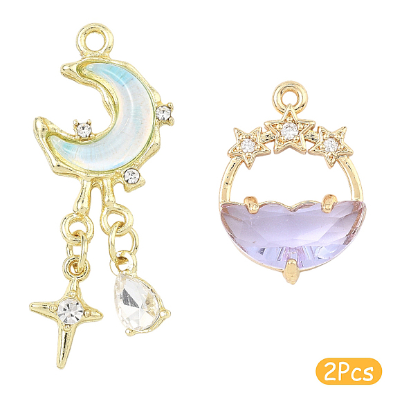 2Pcs 2 Styles Alloy Glass Pendants, Moon and Flat Round with Star