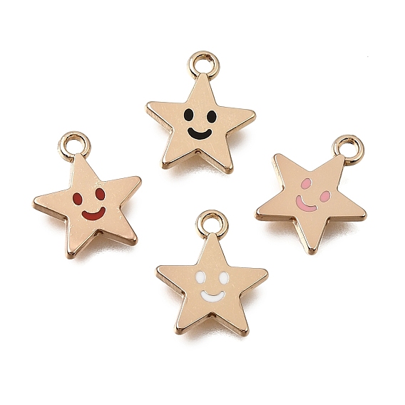 Alloy with Enamel Charms, Star with Smiling Face Charms, Rack Plating, Golden