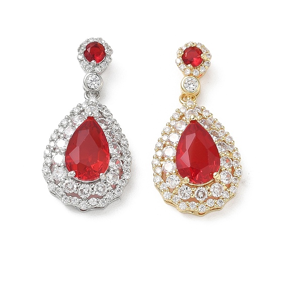 Colgantes de circonita cúbica roja micro pavé de latón, larga duración plateado, encantos de lágrima