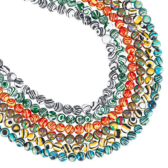 6brins 6 couleurs brins de perles de malachite synthétiques, teint, ronde