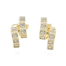 Clear Cubic Zirconia Ribbon Shape Stud Earrings, Brass Jewelry for Women