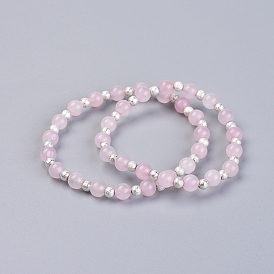 День матери ювелирные изделия, Наборы браслетов матери и дочери, естественно розовый кварц стрейч браслеты, с латунными рельефными бусинами