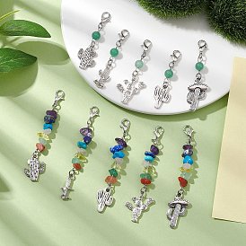 Natural Gemstone Chips Pendant Decorations, Alloy Cactus and Lobster Claw Clasps Charms for Keychain, Purse, Backpack Ornament