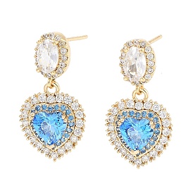 Brass with Sky Blue Glass Dangle Stud Earrings, Heart
