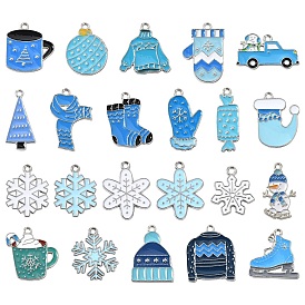 44pcs 22 pendentifs en alliage émaillé à thème hivernal de styles, platine, breloque sur le thème de Noël