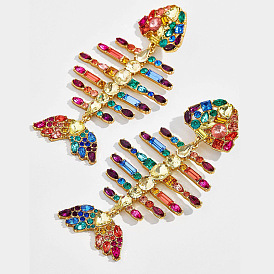 Sparkling Fishbone Earrings with Colorful Diamonds - Bold, Fashionable and Unique Jewelry