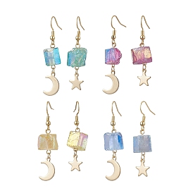 Electroplated Natural Quartz Dangle Earrings, with 304 Stainless Steel Charms and Brass Earring Hooks, Moon/Star, Golden