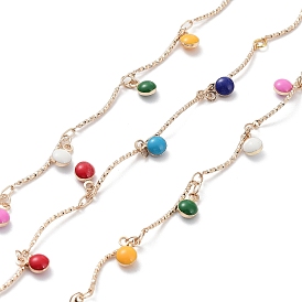 Handmade Brass Curved Bar Link Chains, with Colorful Enamel Flat Round Charms, Soldered, with Spoo