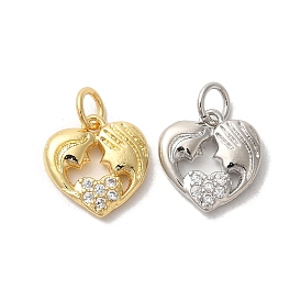 Valentine's Day Rack Plating Brass Clear Cubic Zirconia Pendants, with Jump Ring, Long-Lasting Plated, Cadmium Free & Lead Free, Heart with Couples