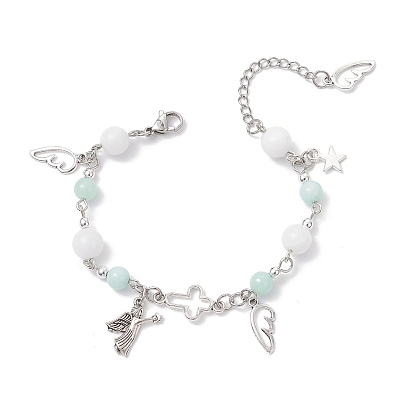 Браслеты с подвесками из сплава для женщин, Браслеты-цепочки из натуральных малайзийских нефритов для женщин, ангел и крыло, с 304 из нержавеющей стали Lobster Claw застежками