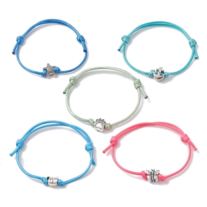 5Pcs 5 Style Antique Silver Alloy Braided Cord Bracelets Set, Polyester Adjustable Bracelets