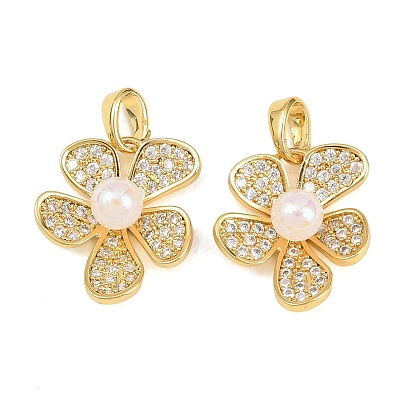 Латунные микропаве прозрачные подвески с фианитом, с пластиковой жемчужины, 