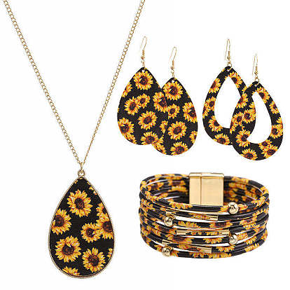 Imitation Leather Teardrop Pendant Necklace & Dangle Earrings & Multi-Strand Bracelet, Golden Alloy Jewelry Set for Women