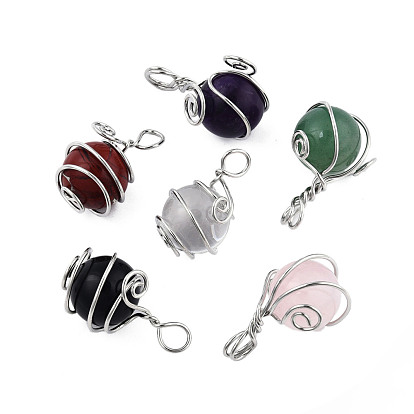 Natural Gemstone Pendants, with Platinum Plated Brass Wire Wrapped, Round Charm