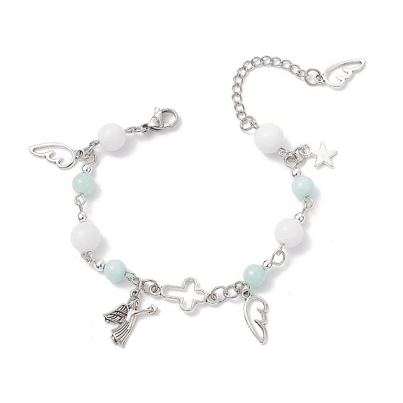 Браслеты с подвесками из сплава для женщин, Браслеты-цепочки из натуральных малайзийских нефритов для женщин, ангел и крыло, с 304 из нержавеющей стали Lobster Claw застежками