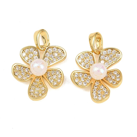 Латунные микропаве прозрачные подвески с фианитом, с пластиковой жемчужины, 