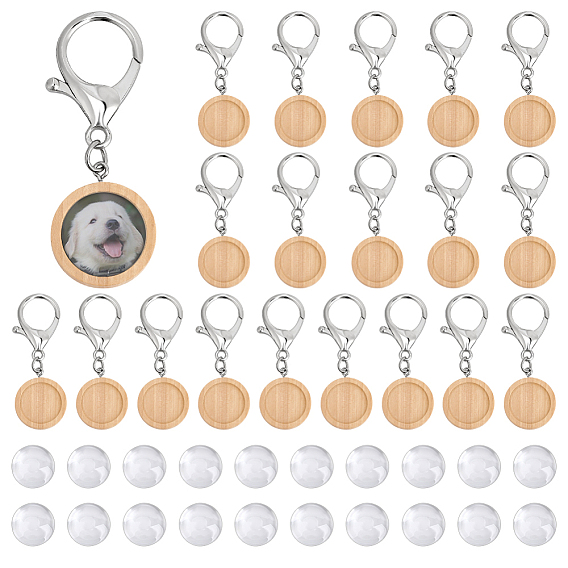 Сделай сам наборы для ключей, включая деревянные плоские круглые подвески с застежками-карабинами из нержавеющей стали и стеклянными кабошонами.