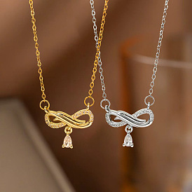 Brass Pave Clear Cubic Zirconia Infinity with Teardrop Tassel Pendant 304 Stainless Steel Cable Chain Necklaces for Women
