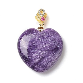 Natural Charoite Pendants, Heart Charms with Golden Tone 925 Sterling Silver Rhinestone Findings