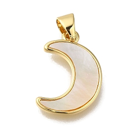 Rack Plating Brass Pave Shell Pendants, Moon Charms, Long-Lasting Plated, Cadmium Free & Lead Free