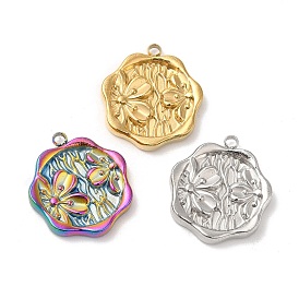 304 Stainless Steel Pendants, Hexagon with Flower Charm