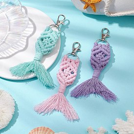 Handmade Macrame Cotton Threads Mermaid Tail Pendant Decoration, Alloy Swivel Clasps Charms for Bag Ornaments