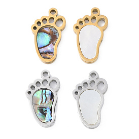 Ion Plating(IP) 304 Stainless Steel Pendants, Natural Paua Shell/White Shell Footprint Charms