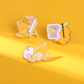 Whimsical Floral Bunny and Fox Enamel Pins with Accessories - Cute Cartoon Design