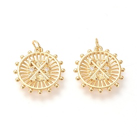 Brass Pendants, with Clear Cubic Zirconia and Jump Rings, Long-Lasting Plated, Flat Round with Arrow