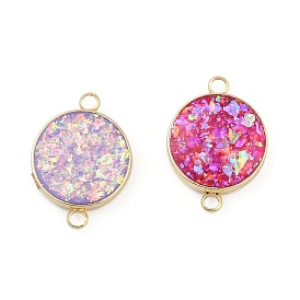 Rack Plating Brass Flat Round Connector Charms with Synthetic Opal, Long-Lasting Plated, Golden