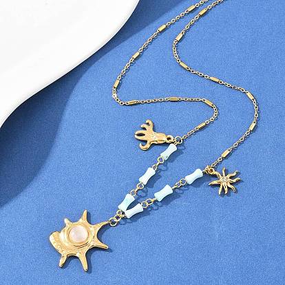 304 кулон в форме осьминога из нержавеющей стали с кристаллами горного хрусталя и кошачьим глазом в форме раковины, ожерелье из окрашенных натуральных ракушек из бамбука, голубой, ионное покрытие (ip)