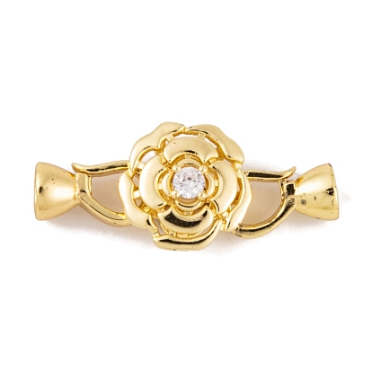 Rack Plating Brass Micro Pave Clear Cubic Zirconia Fold Over Clasps, Long-Lasting Plated, Lead Free & Cadmium Free, Flower
