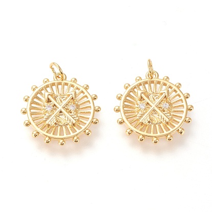 Brass Pendants, with Clear Cubic Zirconia and Jump Rings, Long-Lasting Plated, Flat Round with Arrow