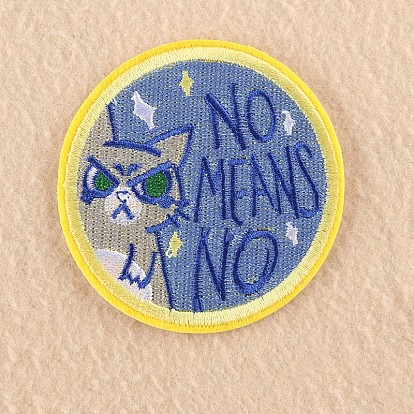 Computerized Embroidery Cloth Iron on/Sew on Patches, Costume Accessories, Appliques, Flat Round with Cat, Word No Means No