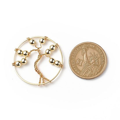 Brass Links, with Electroplate Non-magnetic Synthetic Hematite Beads, Round Ring with Tree of Life
