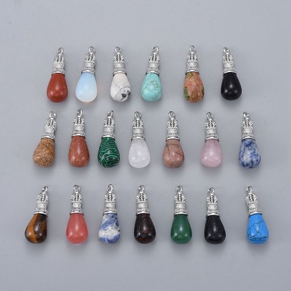 Gemstone Pendants, with Platinum Plated Brass Bails, Teardrop