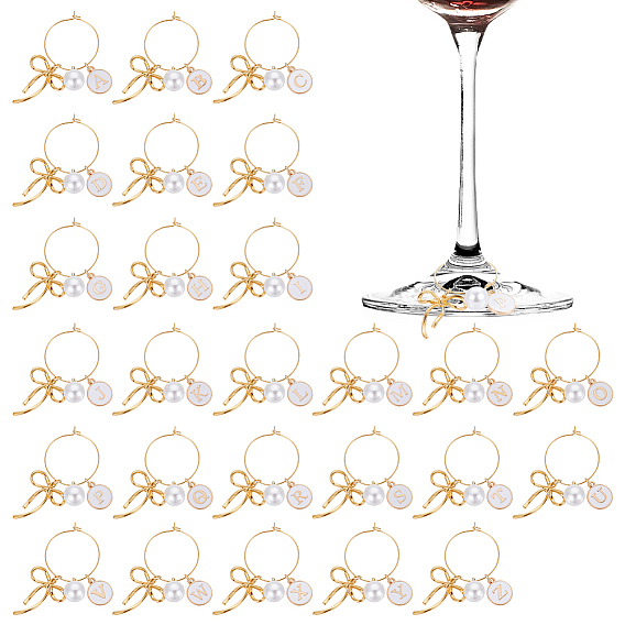 26 шт. круглые стеклянные подвески для бокалов вина, с подвесками в виде букв a~z из сплава эмали и латунным кольцом в виде бокала для вина