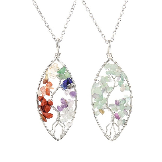 Natural & Synthetic Mixed Stone Chips Beaded Horse Eye with Tree Pendant Necklaces, with Platinum Brass Chains