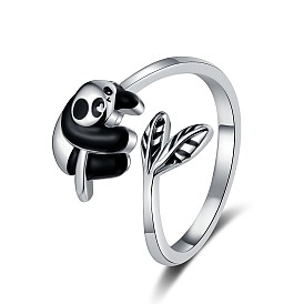 Cute Panda Brass Enamel Open Cuff Ring for Women, Platinum