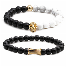 Boho Style Gemstone Beaded Bracelet Set with Tiger Eye, Turquoise and Lion Head Charms
