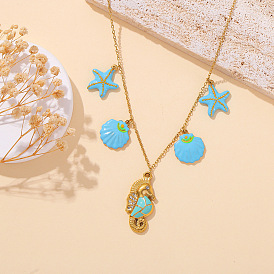Ocean 304 Stainless Steel Enamel Sea Horse Shell Starfish Pendant Bib Necklaces for Women, with Clear Cubic Zirconia, Golden