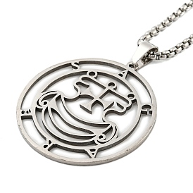 201 Stainless Steel Pendant Necklaces, Flat Round with Key of Solomon Seal Kabbalah
