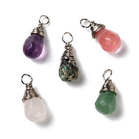Natural & Synthetic Mixed Stone Faceted Charms, with Eco-Friendly Copper Wire, Teardrop, Real Platinum Plated