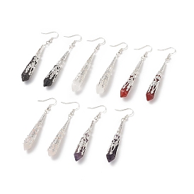5 Pairs 5 Style Natural Mixed Gemstone Bullet Dangle Earrings, Silver Color Plated Brass Long Drop Earrings for Women