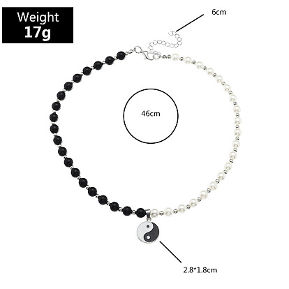 Yin Yang Tai Chi Necklace with Black and White Pearls - Trendy Hip Hop Fashion Jewelry