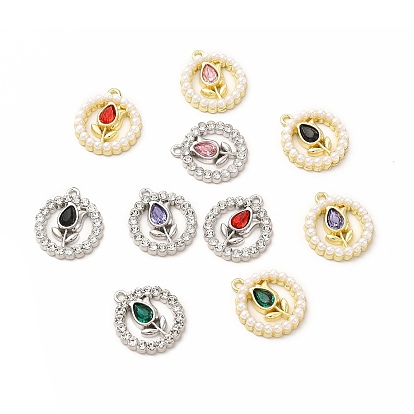 Стеклянные подвески из сплава с покрытием стойки, с абс пластмассовой имитационной жемчужиной, без кадмия, без никеля и без свинца, плоский круглый с тюльпаном