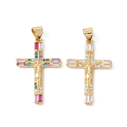 Rack Plating Brass Micro Pave Cubic Zirconia Pendants,  Cadmium Free & Nickel Free & Lead Free, Real 18K Gold Plated, Crucifix Cross