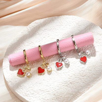 Серьги-кольца из искусственного жемчуга в форме сердца из латуни и АБС-пластика, с эмалью, стойки покрытие, долговечный, без свинца и без кадмия